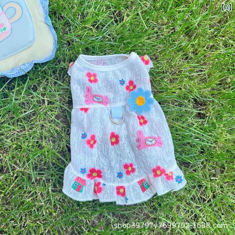 ペット服 猫犬用 透気性 メッシュ かわいい 猫服 犬服 夏用 薄手 スカート ワンピース ユニセックス 白色 ピンク 綿ポリエステル 軽量 涼しい 通気性 メッシュ素材 花柄 フリル 夏服 ペットウェア 犬猫スカート 薄型 涼感 花小路 網目 通風 ユ