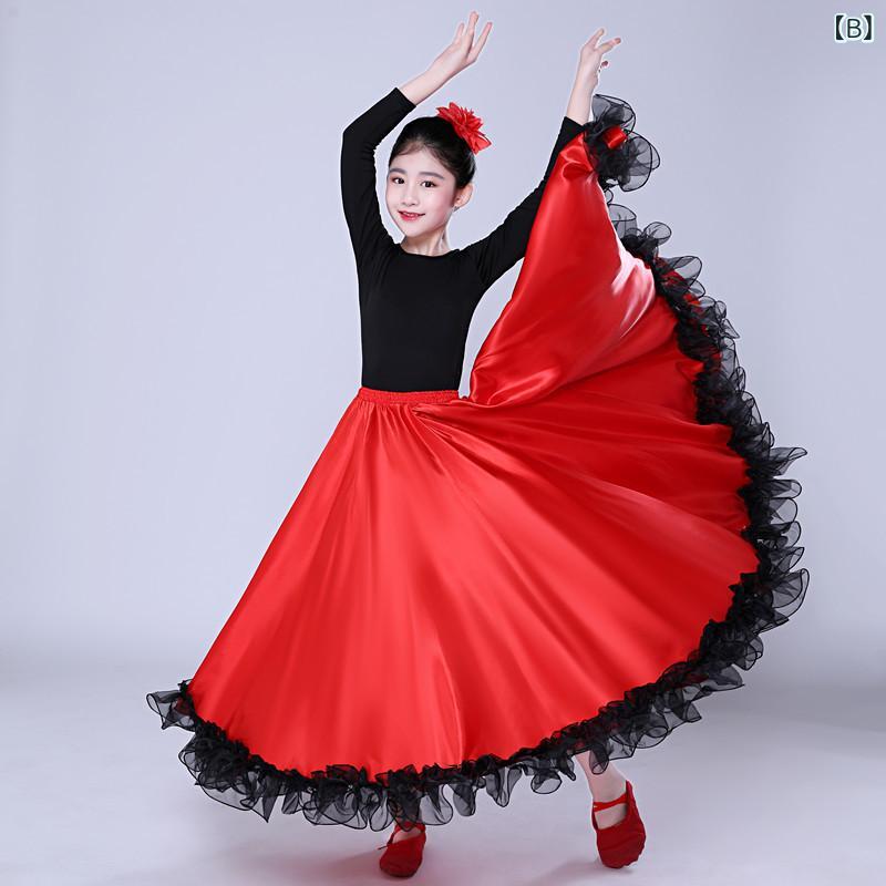 子供用 スペイン フラメンコ ダンス衣装 女児 男児 大きめ フレアスカート 演出服 民族舞踊 コスチューム 赤 黒 ワインレッド 長袖 短袖 長ズボン 短パン 子供 ダンスウェア ステージ衣装 通年使用 軽量 ストレッチ ウール混 かわいい デザイン shadowtail-11076743 シャドーテール サンプル画像3
