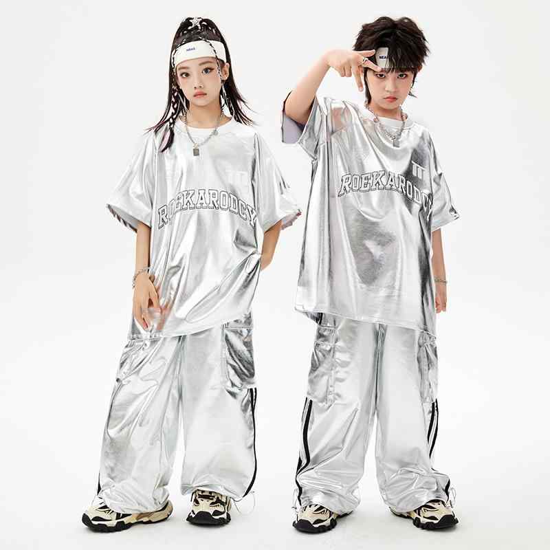 子供 ダンス服 男の子 女の子 ヒップホップ ストリートダンス ジャズダンス ステージ衣装 銀色 ブラック 亮皮 短袖 長袖 長ズボン 柔軟素材 ポリエステル 伸縮性 軽量 ストリートスタイル ユニセックス キッズ 潮服 炸街 演出服