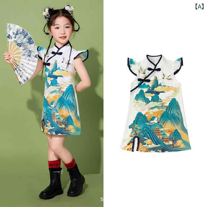 子供 男女兼用 子供服 チャイナドレス 唐装 セット 春夏 ショートスリーブ ショートパンツ 扇子 靴下 頭巾 ポリエステル 軽量 通気性 発表会 衣装 ダンス衣装 ピンク系 レッド ブルー かわいい デザイン 100cm 110cm 120cm 130