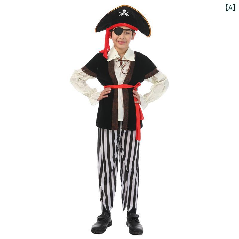 キッズ ハロウィン コスチューム ジャック 海賊船長 男の子 女の子 パーティー 衣装 セット 帽子 付き 子供 変装 衣装 ユニセックス コットン混紡 軽量 伸縮性 夏 向け ファンタジー テーマ ステージ 衣装 2