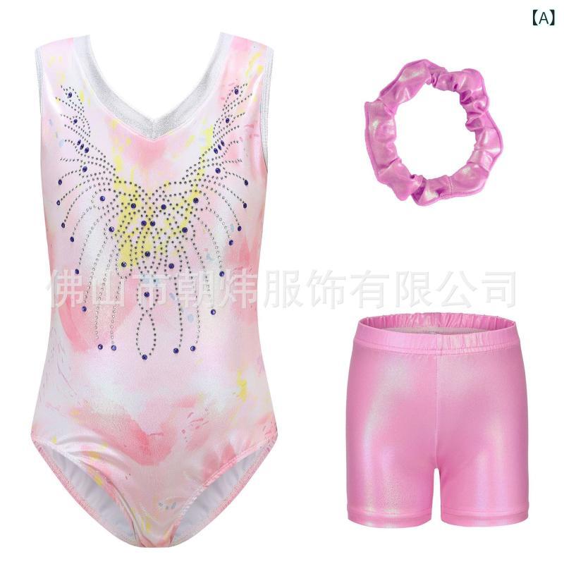 女児 体操服 ダンス服 練習着 短パン セット かわいい ピンク ブルー パープル 接触冷感 伸縮性 吸湿速乾 短袖 切り替え プリント スパンコール レイカ ポリエステル 綿 軽量 柔軟 夏 キッズ 女の子 5-14歳 室内 レッスン ヨガ アクティブ