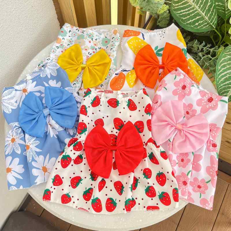 Custom-Made - ペット服 ユニセックス ワンピース スカート かわいい 春夏 犬猫用 テディ フレンチブルドッグ ビションプテ ポメラニアン ブルーキャット ラグドール 赤 赤い草莓柄 オレンジ レモン柄 黄 花柄 ブルー 雛菊柄 ピンク 喇叭花柄 ピンク 縦ストライプ