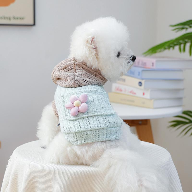 ペット服 ユニセックス 犬猫用 かわいい 小型犬 春夏 薄手 クロシェ ニット スウェット 花柄 ピンク グリーン ホワイト 涤纶素材 軽量 通気性 抜群 日常 着こなし 便利 スタイル