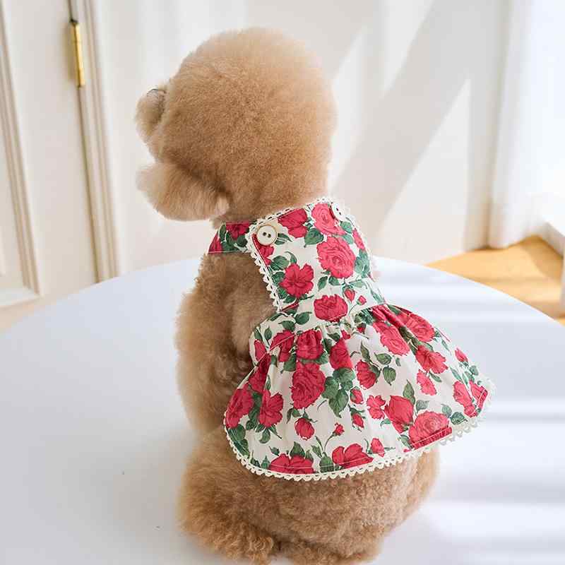 春夏 ペット 犬 猫 女性用 かわいい バラ柄 プリント ワンピース ドレス 服 トップス コスチューム 服飾 綿混紡 軽量 伸縮性 吸湿速乾 ピンク系 アイボリー カジュアル 日常使い 誕生日 プレゼント ギフト