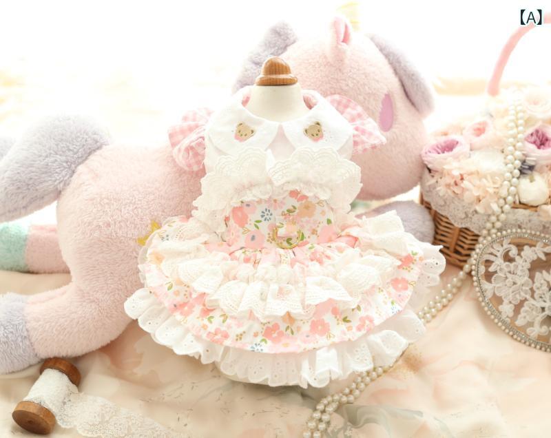 ペット ドレス かわいい ロリータ風 綿素材 粉色 黄色 レース プリーツ フレア スカート ユニセックス 春夏 通年使用 軽量 通気性 普段使い 室内着 アウトドア 女の子 男の子 犬服 小型犬