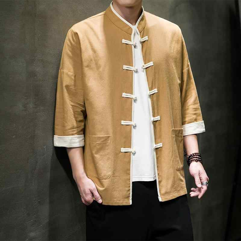 メンズ シャツ トップス 男性用 短袖 七分袖 中国風 チャイナスタイル 中華風 唐装風 綿麻 麻混紡 再生繊維 軽量 通気性 吸湿速乾 盤扣 立襟 緑 黄色 コーヒー ピンク 春夏 夏 普段使い ビジネスカジュアル ゆったりシルエット 爽やか 涼しい