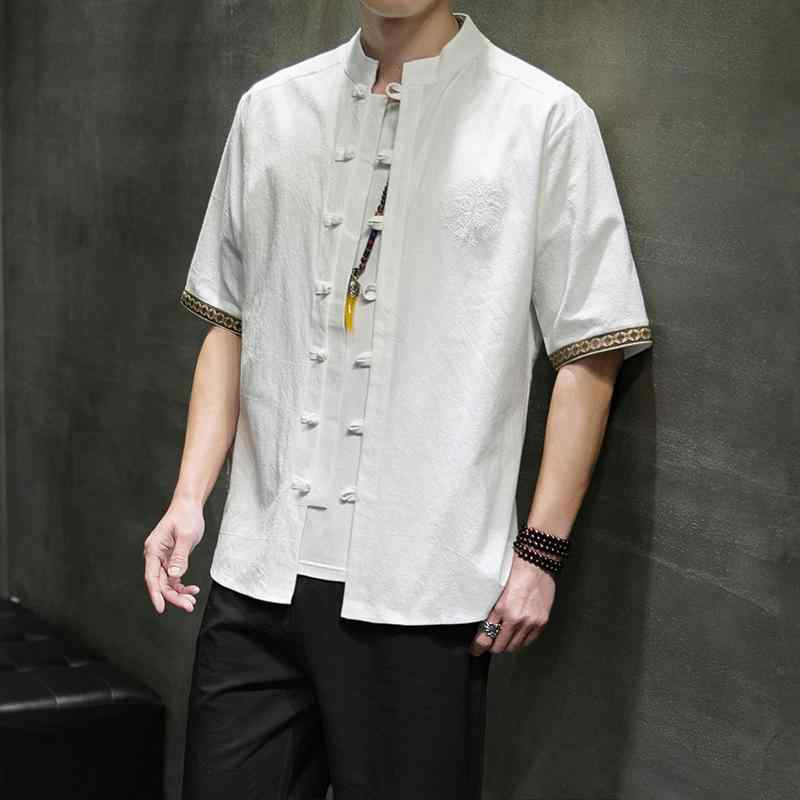 漢服 メンズ 夏 大きいサイズ 盤ボタン 中式 復古 男性用 休闲 綿麻 短袖 シャツ トップス ブラック ホワイト ワインレッド ネイビー ..