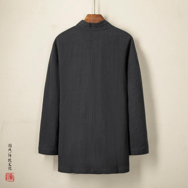 漢服 メンズ アウター コットンリネン 秋冬 復古 中国風 中長丈 開衩 サイドスリット ゆったりシルエット ブラック ネイビー グレー 軽量 通勤 普段使い 青年向け 洗い加工 吸湿速乾 カジュアル 伝統柄 レイヤード コーディネート 快適 肌触り 秋
