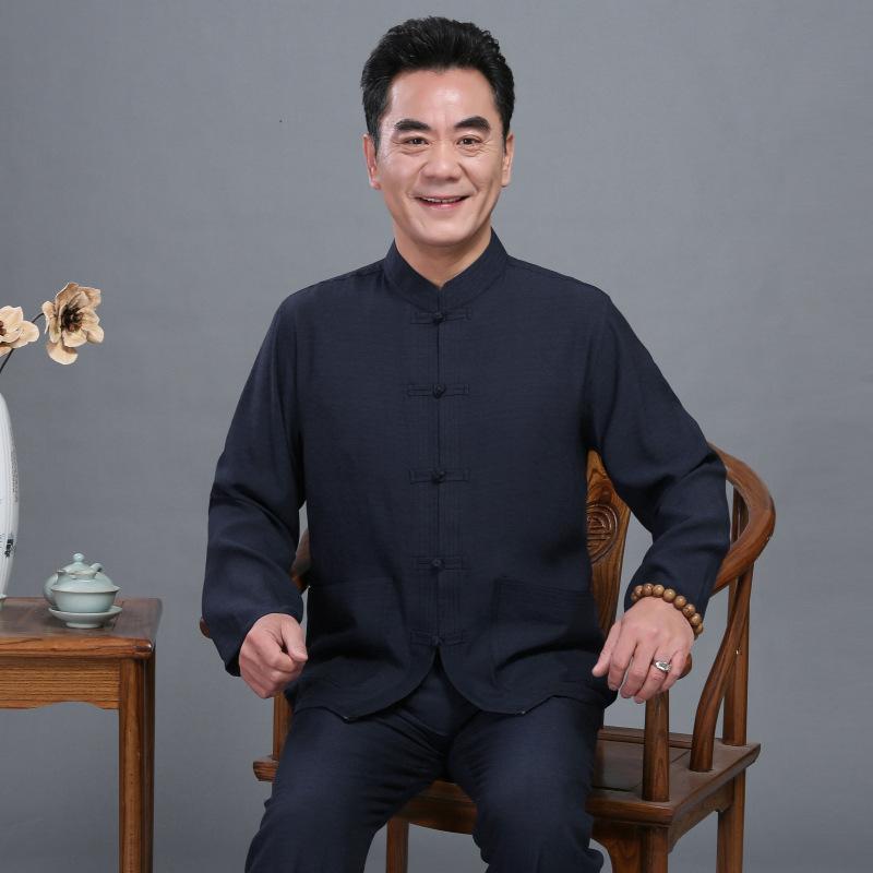 Other - 唐装 メンズ セット 麻混紡 長袖 刺繍 デザイン 中国風 夏季 ミックスカラー 米黄色 アイボリー グレー ネイビー ホワイト 軽量 通気性 吸湿速乾 マルチポケット ゆったりシルエット ミドルエイジ 普段使い セットアップ トップス ボトムス 組み合