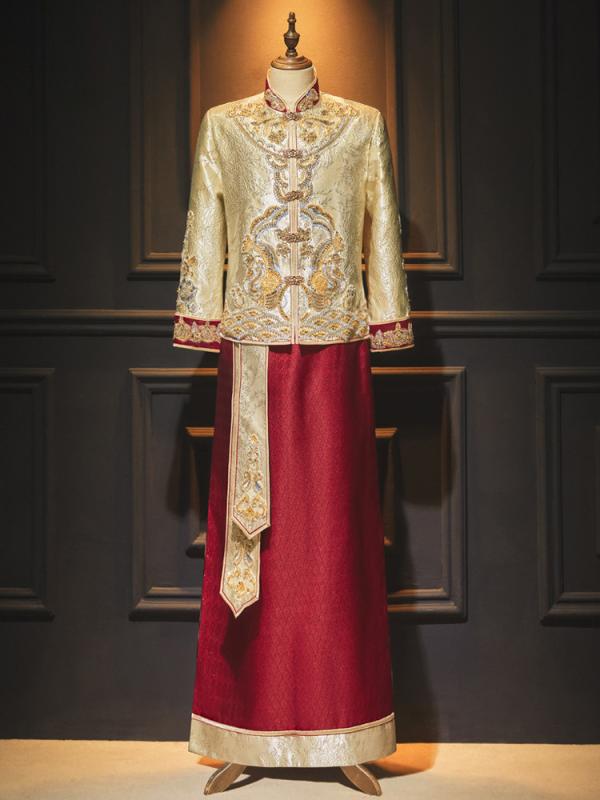メンズ チャイナ服 金色 春夏 ウェディング 龍鳳褂 接親服 唐装 馬褂 結婚礼服 礼装 復古スタイル ポリエステル 絲絨 刺繍 提花 フォーマルウェア ウェディングスーツ 伝統衣装 通年対応