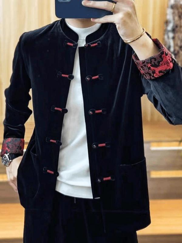 秋冬 メンズ 唐装風 コットン混紡 フリース ライニング ジャケット 中年 男性用 ビジネス カジュアル スタンドカラー 盤ボタン 切り替..