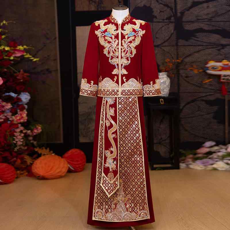 メンズ 結婚礼服 中式 唐装 敬酒服 新郎装 秀禾服 龍鳳褂 接親 ポリエステル 繊維 印花 デザイン 針織 加工 中国風 スタイリッシュ 青..