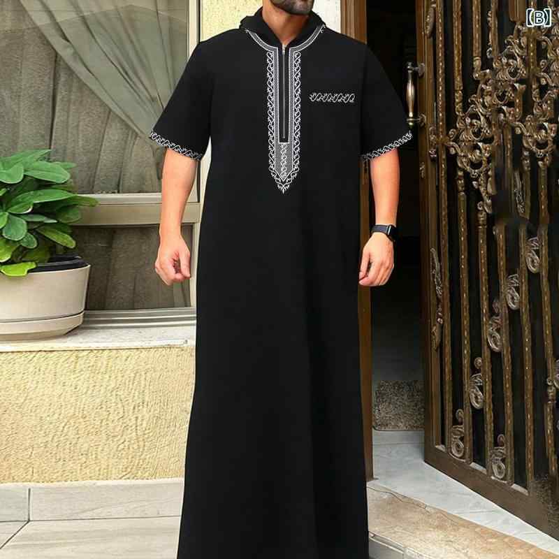 メンズ 長袖シャツ ローブ アラビア風 民族衣装 連帽 簡約 ロング丈 ワイドシルエット 短袖 夏用 化繊混紡 ポリエステル95% エラスタン5% ボタン装飾 刺繍加工 ブラック グレー ホワイト ダークグリーン ブルー 日常着 ビジネスカジュアル 軽量