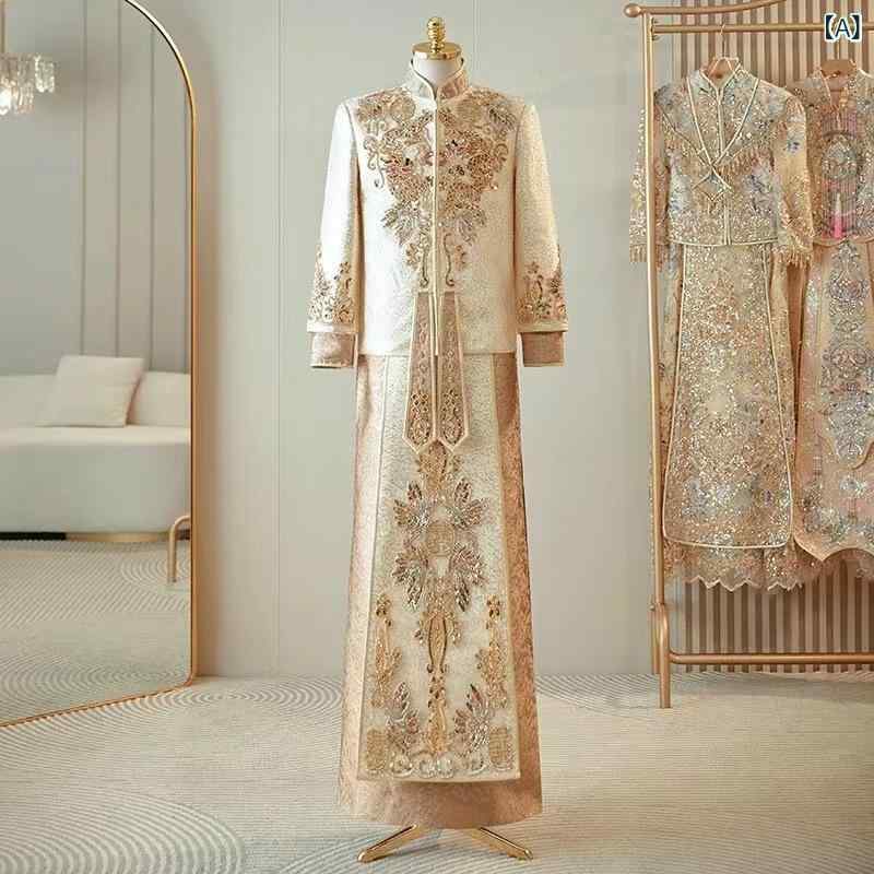 メンズ 中式礼服 新郎 結婚式 民族服 チャイナスタイル 刺繍 切り替え デザイン シルク調 素材 ポリエステル 繊維 米白色 青年向け 通..