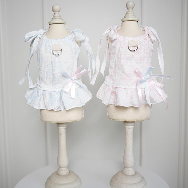 犬用 ドレス スカート ピンク ブルー XS S M L XL サイズ展開 コットン 素材 綿 紗 系帯 デザイン ビスク テディ ヨークシャーテリア 夏 コーチ コーギー 中小型犬 服 プリンセス スタイル 通気性 軽量 かわいい ペット ファッション