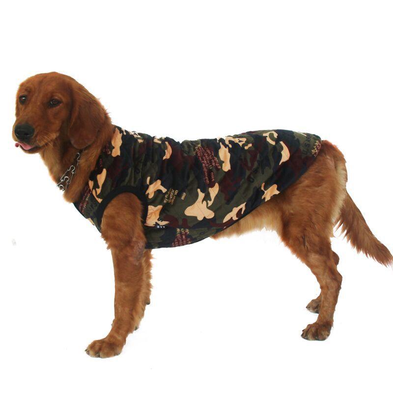 ペット服 秋冬 厚手 背心 犬用 ゴールデンレトリバー ラブラドール サモエド 中型犬 大型犬 ユニセックス 赤 迷彩 軍緑 新格子 葉柄 ブルー小花 ピンク小花 大花柄 茶格子 カジュアル 暖か 厚み コットン調 ゆったり フィット 屋外用 室内着 耐