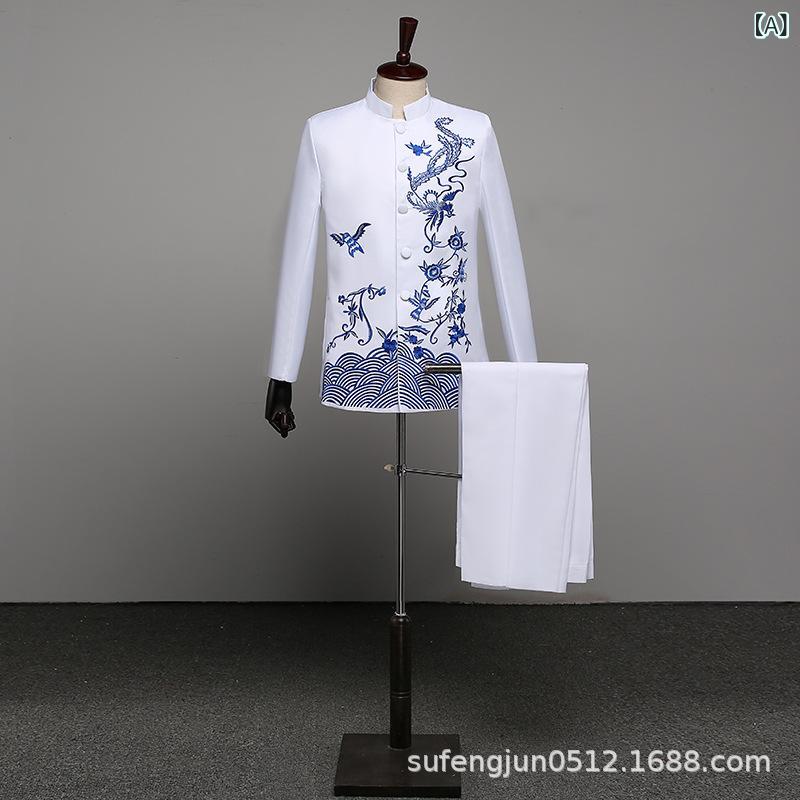 メンズ中山服 チャイナ服 男性用 立襟 刺繍 青少年向け 演出衣装 司会者服 合唱服 春秋 化繊混紡 酢酸繊維 ポケット装飾 ホワイト ブラック レッド ネイビー セットアップ フォーマルウェア カジュアルスタイル