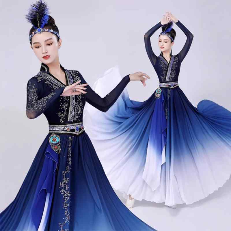 Nightwear - 蒙古舞 踊り 衣装 女性用 ロングスカート 大きなフレア セパレート ポリエステル 紺色 春夏 舞台衣装 ダンスウェア 民族風 フレアスカート ゆったりシルエット 通気性 軽量 動きやすい 伝統柄 ダンスパフォーマンス ロング丈 分離式 コスチューム ダ
