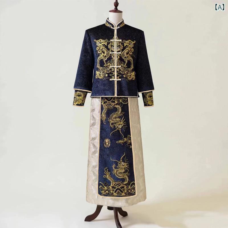 裏物 - メンズ ウェディング 漢服 礼服 秀禾服 唐装 新郎 結婚 接親 龍鳳褂 レイヨン 素材 接触冷感 吸湿速乾 軽量 通気性 好 夏 シーズン ウェディング シーン 向け ダーク ネイビー ワインレッド カラーバリエーション ビッグ サイズ 対応 フォーマ