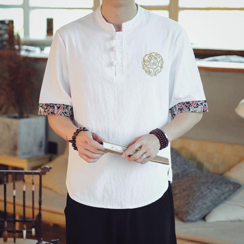 メンズ 短袖 Tシャツ 夏季 大きいサイズ 中国風 男性用 トップス ゆったり 刺繍 復古 唐装風 コットンリネン 上衣 麻素材 切り替え デザイン 果緑 グレー系 ホワイト ブラック ネイビー 休闲 スタイル 吸湿速乾 軽量 伸縮性 青年向け ファッシ