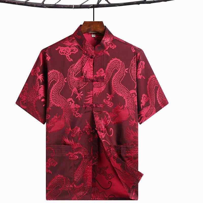 唐装 メンズ 短袖 シャツ 中年 男性用 夏 涼しい ポリエステル 混紡 素材 盤扣 デザイン ゆったり 大きめ サイズ 口袋 装飾 免烫 加工 中国風 民族衣装 グランパ スタイル レッド ブルー イエロー ホワイト ブラック グレー ブラウン カジュ