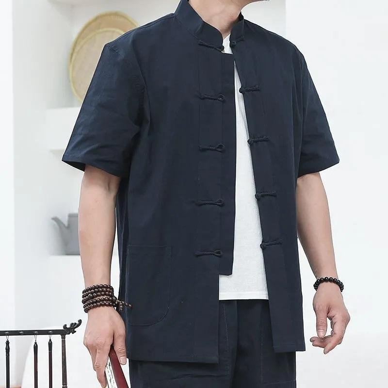 メンズ 唐装 チャイナ服 短袖 シャツ トップス 盤ボタン スタンドカラー 中華風 復古 夏用 軽量 薄手 麻混 綿素材 伸縮性 日常 普段使い カジュアル 男性用 シニア向け 茶色 黒 白 ネイビー カーキ グレー