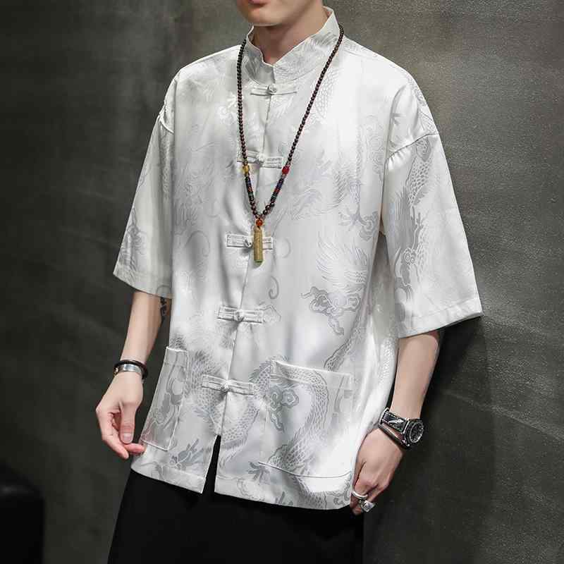 メンズ 短袖 シャツ 接触冷感 夏用 漢服 唐装 チャイナスタイル 薄手 外套 盤扣 太極 デザイン 黒 白 カラー 日常 使い 軽量 吸湿速乾 ポリエステル 素材 青年向け ファッション トップス