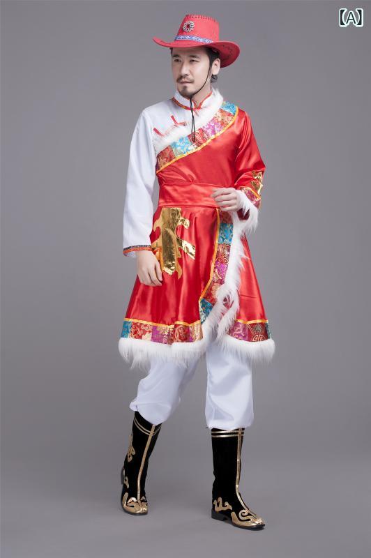 民族衣装 男女兼用 蒙古族 チベット族 現代ダンス衣装 草原ダンス 棒踊り 鍋庄踊り ポリエステル 赤 黄色 深茶色 深青 スイカ赤 天青 酒赤 軽量 通気性 伸縮性 春夏 秋冬 30代向け 演出用 伝統柄 切り替えデザイン ゆったりシルエット