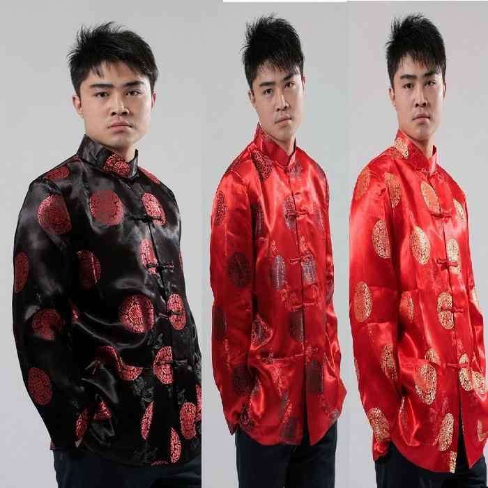 Full-Length Under-Kimono - メンズ 秋冬 唐装 ジャケット 長袖 トップス 中華風 民族衣装 織り込みサテン 再生繊維 赤 黒 深青 金黄 ワインレッド クラシック スタイル フォーマル 普段使い 軽量 通勤 イベント 着用