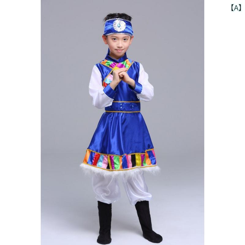 子供服 男の子 女の子 民族衣装 蒙古袍 チベット服 ダンス ステージ衣装 再生繊維 ライセル素材 宝藍 空色 赤 白色 インディゴ 花柄 フェザー飾り フルセット 夏用 通気性 軽量 100cm 110cm 120cm 130cm 140cm 150c