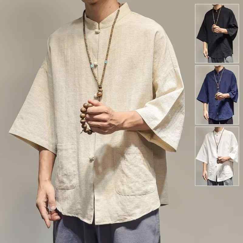 Uramono - 漢服 道袍 メンズ 夏用 麻混紡 七分袖 盤ボタン シャツ トップス 中国風 禅意 唐装 男性用 軽量 通気性 吸湿速乾 切り替え デザイン ポケット 装飾 シンプル スタイル 青少年向け 白色 ブラック 杏色 ブルー カジュアル 普段使い アウトドア