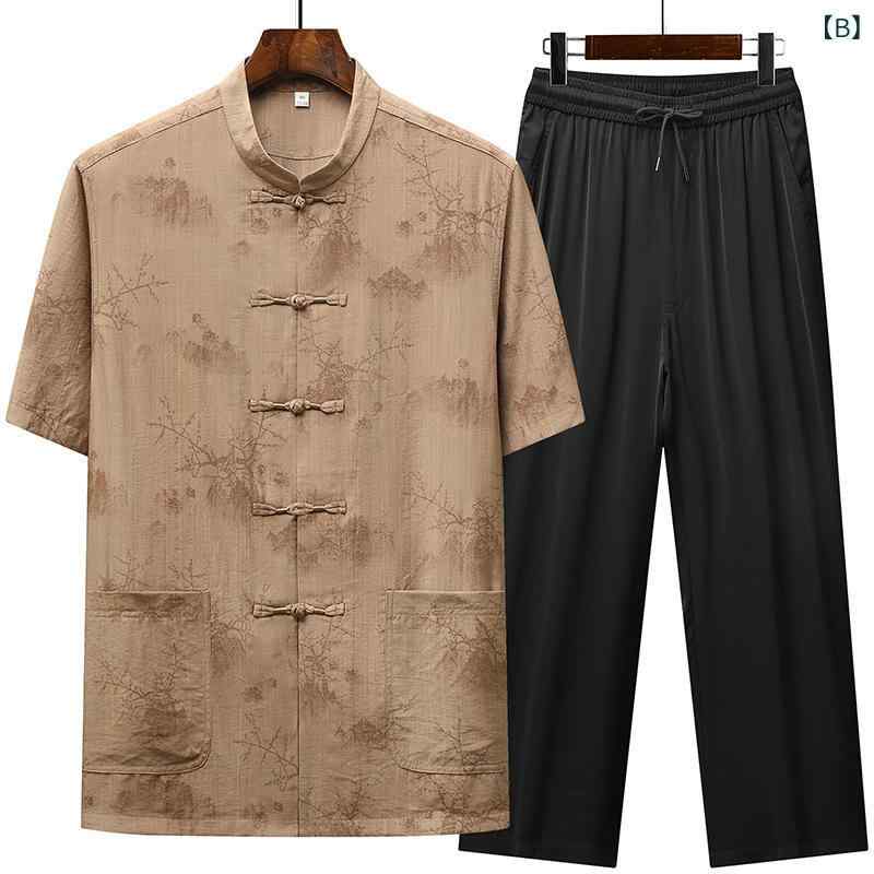 メンズ 唐装 セット 桑蚕丝 混紡 短袖 シャツ 米色 茶色 夏 日常着 中年向け ビジネス 紳士風 軽量 快適 吸湿速乾 切り替え デザイン 中国風