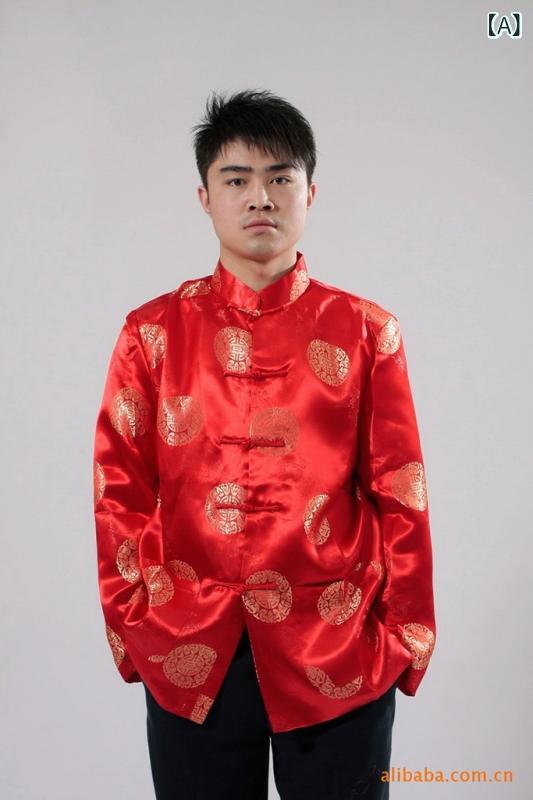 唐装 メンズ 春夏 中年用 外套 中国風 中式 長袖 上衣 節慶 演出 礼服 ビジネス 紳士 刺繍 織錦 ポリエステル 赤 金 黒 ワインレッド ゴールド ネイビー 赤黒 結婚式 フォーマル トップス 軽量 吸湿速乾 切り替え デザイン 35歳以上 通勤