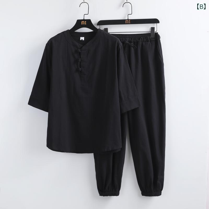 メンズ 漢服 唐装 短袖 セット 麻 コットン 混紡 ルームウェア ルーズフィット 丸首 盤扣 デザイン 白色 ブラック グレー グリーン ワインレッド ネイビー カーキ 通年 ゆったり シルエット 日常使い 民族風 トップス パンツ