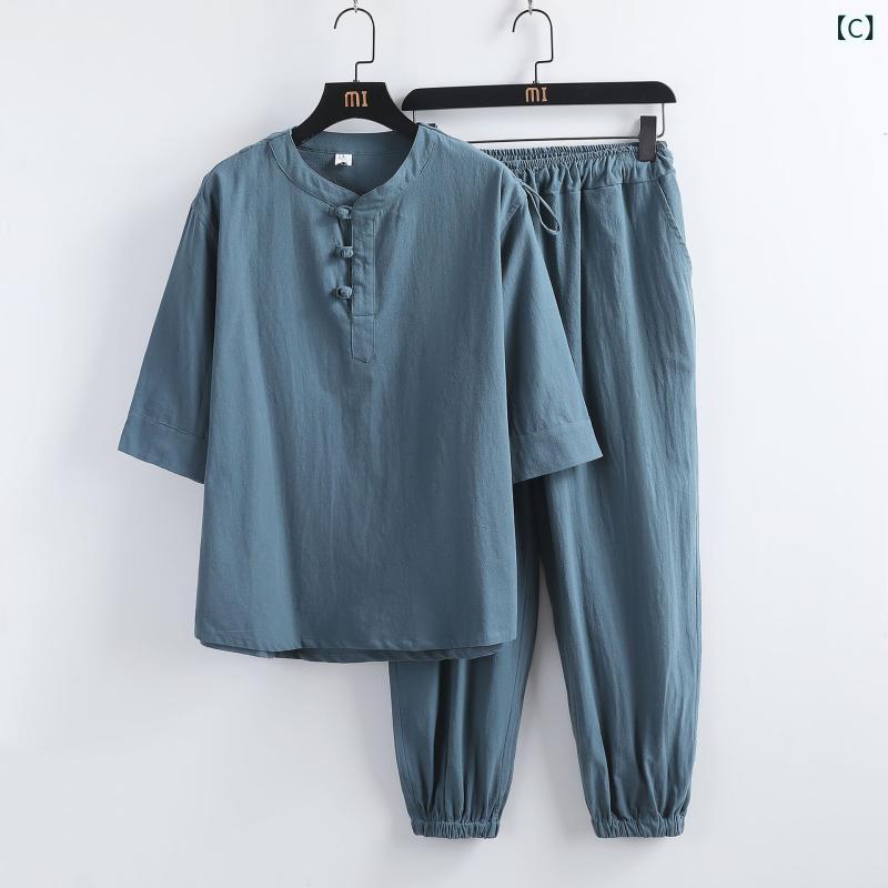 メンズ 漢服 唐装 短袖 セット 麻 コットン 混紡 ルームウェア ルーズフィット 丸首 盤扣 デザイン 白色 ブラック グレー グリーン ワインレッド ネイビー カーキ 通年 ゆったり シルエット 日常使い 民族風 トップス パンツ