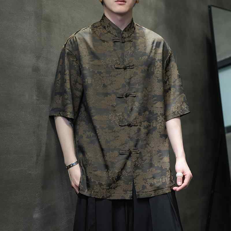 短袖シャツ メンズ 大きいサイズ 中国風唐装 盤扣デザイン ポリエステル混紡 コットン風触感 春秋向け 提花柄 黒 コーヒー色 ゆったりシルエット 休闲スタイル 青年向け 上衣 薄手素材 高温定型加工