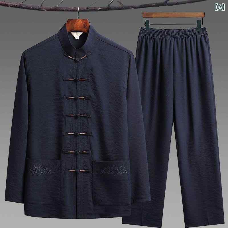 唐装 メンズ 秋 セットアップ 長袖 トップス パンツ 化繊混紡 ポリエステル 混紡素材 免燻加工 多ポケット デザイン 中年男性用 ビジネス カジュアル 紺色 グレー ベージュ ブラック カーキ 色展開 ゆったり フィット 日常使い 秋冬 コーディネー