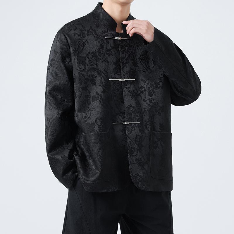 メンズ ジャケット チャイナスタイル 唐装風 復古 上衣 金属ボタン 提花 ダークフラワー 切り替え デザイン ポリエステル 100% 春秋 黒..