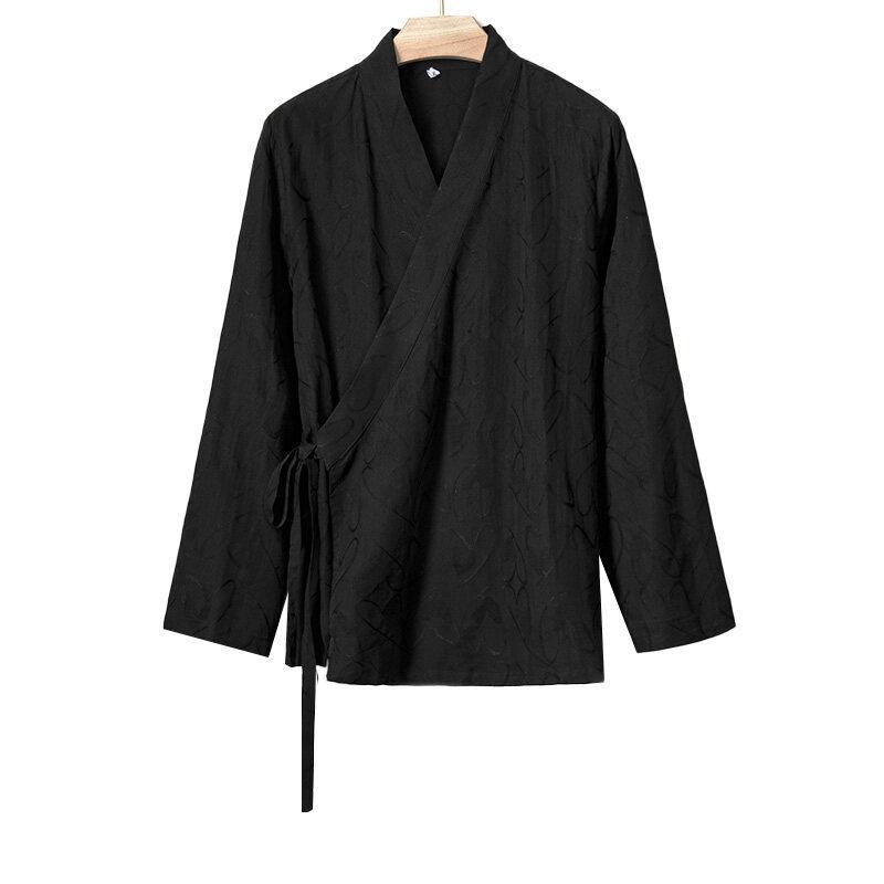 漢服 メンズ 中年 男性用 チャイナスタイル 斜め襟 提花柄 復古風 道袍 道服 コットン素材 白色 ブラック 春秋 秋冬 春夏 休闲 普段使い 軽量 伸縮性 通勤用 アウトドア 切り替えデザイン ハイネック ロング丈 ゆったりシルエット 吸湿速乾 高級