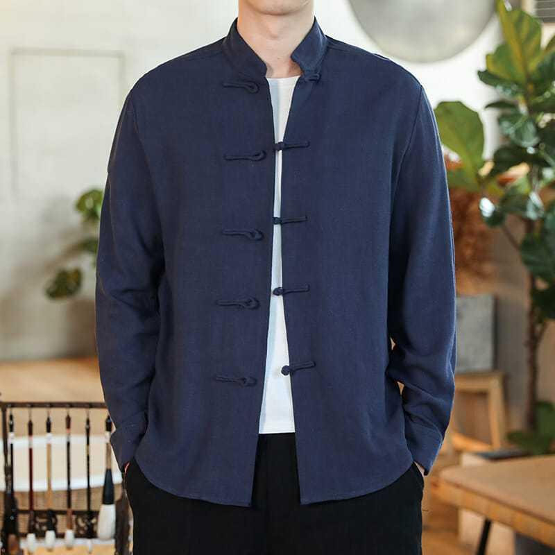 中山装 メンズ 長袖 シャツ 盤ボタン 唐装 復古風 ゆったり 大きいサイズ 居士服 中国風 秋冬 通年 灯芯絨 素材 ウール混 綿麻 グレー ネイビー ブラック 丸首 ラベル付き ラフスタイル 暖か 柔らかい 着心地 ゆったりシルエット 日常使い 礼服