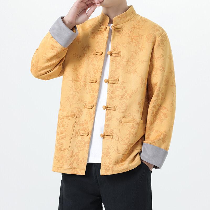 メンズ ジャケット 中国風 鹿皮绒 綿素材 提花デザイン 切り替え 盤扣 漢服風 中山服 スタイル 春季 レジャー用 ビッグサイズ ブラック ピンク ベージュ イエロー カジュアル 復古 軽量 伸縮性 通勤 普段使い トップス コート 外套 男装 唐装
