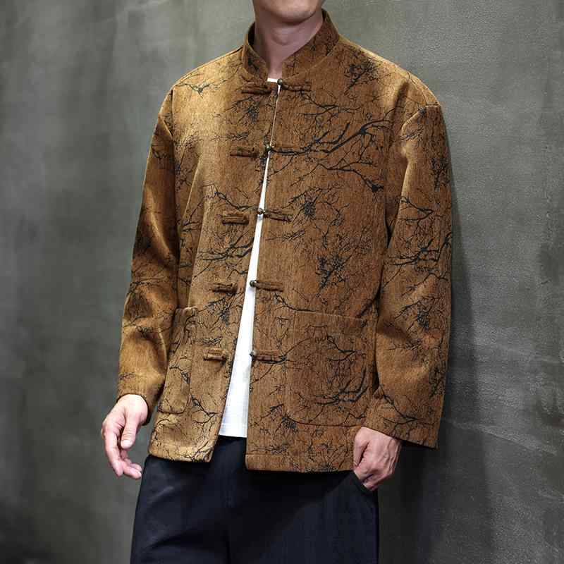 Other - メンズ 秋冬 中国風 立襟 盤ボタン ジャケット コート 綿混紡 ポリエステル 混紡 提花 刺繍 柄 復古 デザイン 唐装 中山装 漢服 スタイル ビッグサイズ ゆったり シルエット コーヒー カラー 米白 アイボリー トップス 普段使い レジャー シー