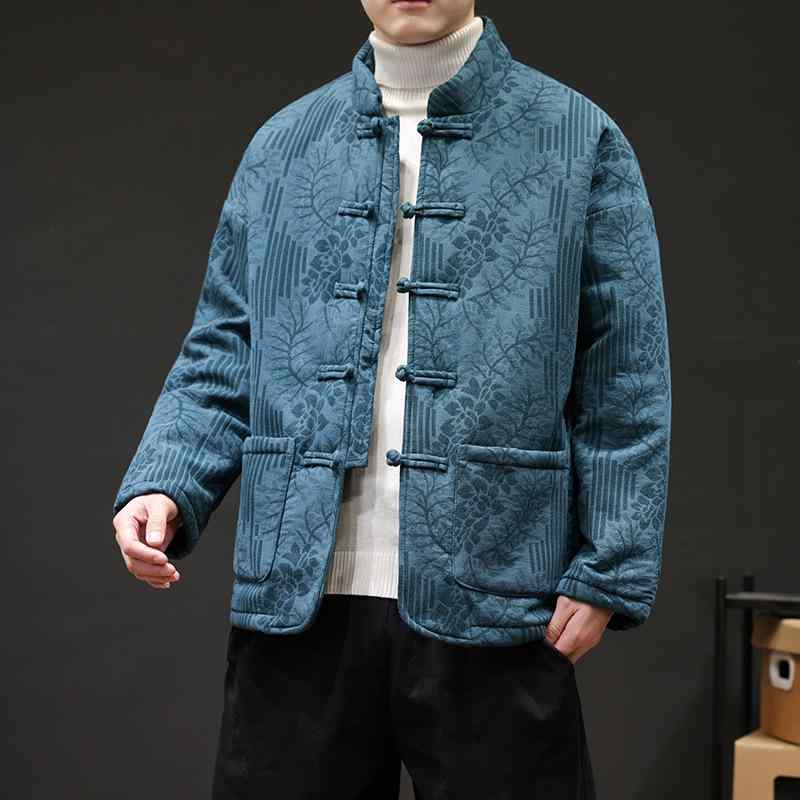 メンズ コート 唐装 中華風 ジャケット 冬 保暖 綿混紡 生地 提花 柄 加工 免アイロン レジャー 用途 グレー ブルー カラーバリエーション ブラック グレー プラスサイズ ビッグ サイズ クラシック スタイル 暖か 軽量 素材 復古 デザイン ゆ