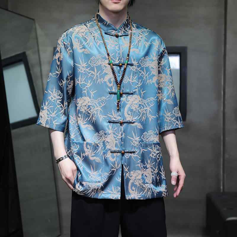 唐装 メンズ 短袖 シャツ トップス 印花 柄 漢服 中国風 ゆったり シルエット ビッグサイズ プラスサイズ 化繊混紡 ポリエステル 混 ストレッチ 素材 接触冷感 吸湿速乾 軽量 通気性 良好 夏 春夏 秋 季節 対応 ブルー コーヒーブラウン カラ