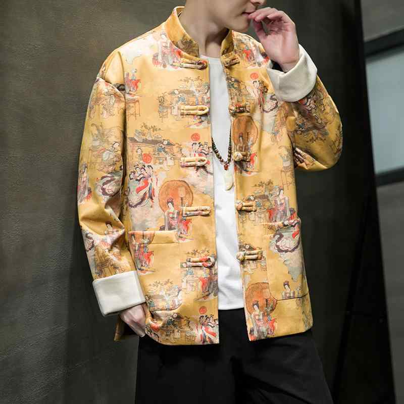 メンズ 秋冬 ジャケット 唐装風 麂皮绒 コットン 綿85% ビッグサイズ 復古 プリント柄 インディゴイエロー レッド ライトグレー トレンド コート ルーズフィット ストリートファッション 暖かみ 伸縮性 普段使い 秋秋冬
