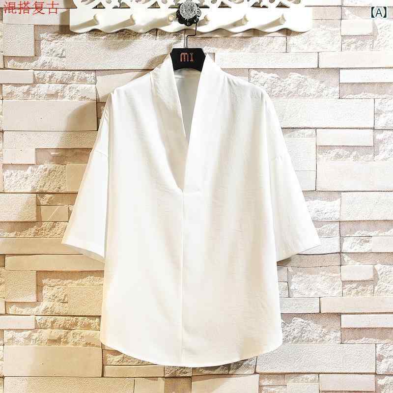 Full-Length Under-Kimono - メンズ チャイナスタイル 唐装風 上衣 改良漢服 短袖 Tシャツ トップス 夏用 薄手 接触冷感 吸湿速乾 軽量 白色 ブラック グリーン グレー コットン混 ウール混 再生繊維 カジュアル 普段使い 通勤対応 ビッグシルエット Vネック スタンドカラー