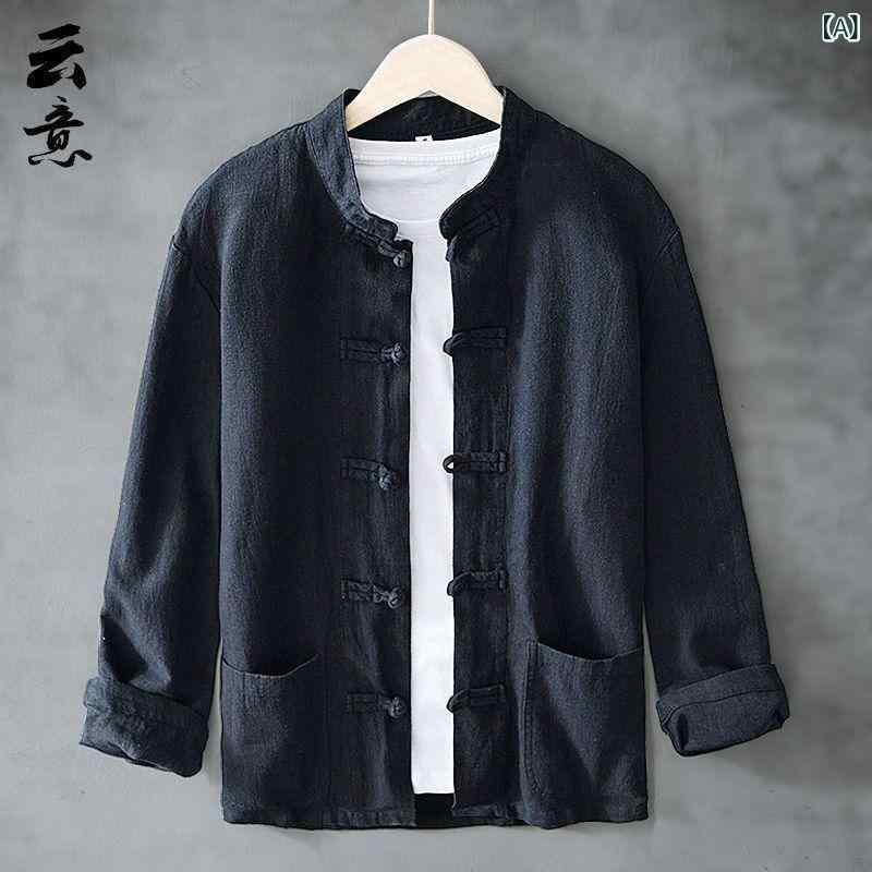 メンズ コート 秋冬 中山装 風 中国風 唐装 麻 綿 灯芯绒 復古 ゆったり 盤扣 長袖 ブラック ネイビー ホワイト グレー カーキ クリー..