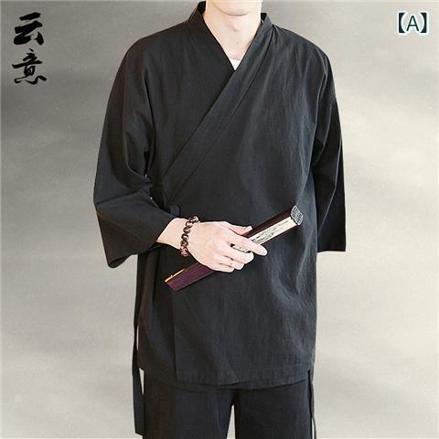 漢服 メンズ 七分袖 道袍 外套 禅意 居士服 古風 中国風 斜襟 茶服 綿麻 ミックス ポリエステル 混紡 素材 ブラック グレー系 ネイビー..