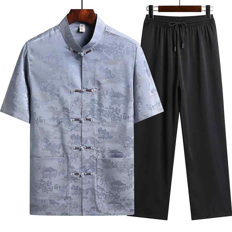 唐装 男性用 中高年 夏 短袖 セットアップ 父親 薄手 シャツ 中国風 漢服 祖父 装 香雲紗 涼感 生地 ポリエステル 混紡 提花 デザイン ニット加工 ブルー カーキ ネイビー ブラウン ワインレッド セット ブルー カーキ ネイビー ブラウン ワ